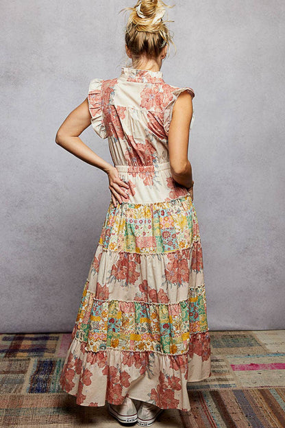 Camelia V-Neck Sleeveless Ruffle Floral Printed Maxi Dress