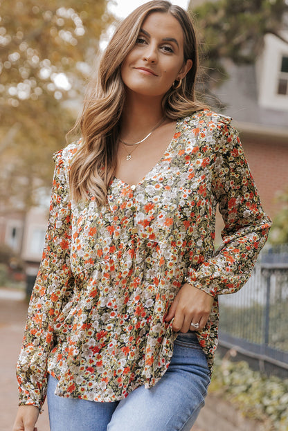 Khaki V Neck Ruffled Babydoll Floral Blouse