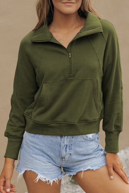 Sudadera con cremallera y cuello alto con manga acanalada y abertura para el pulgar en verde