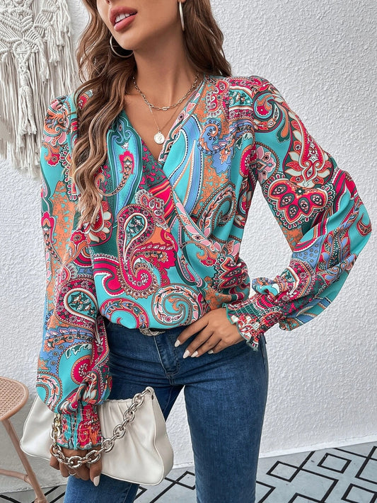 Printed Faux Wrap Lantern Sleeve Blouse