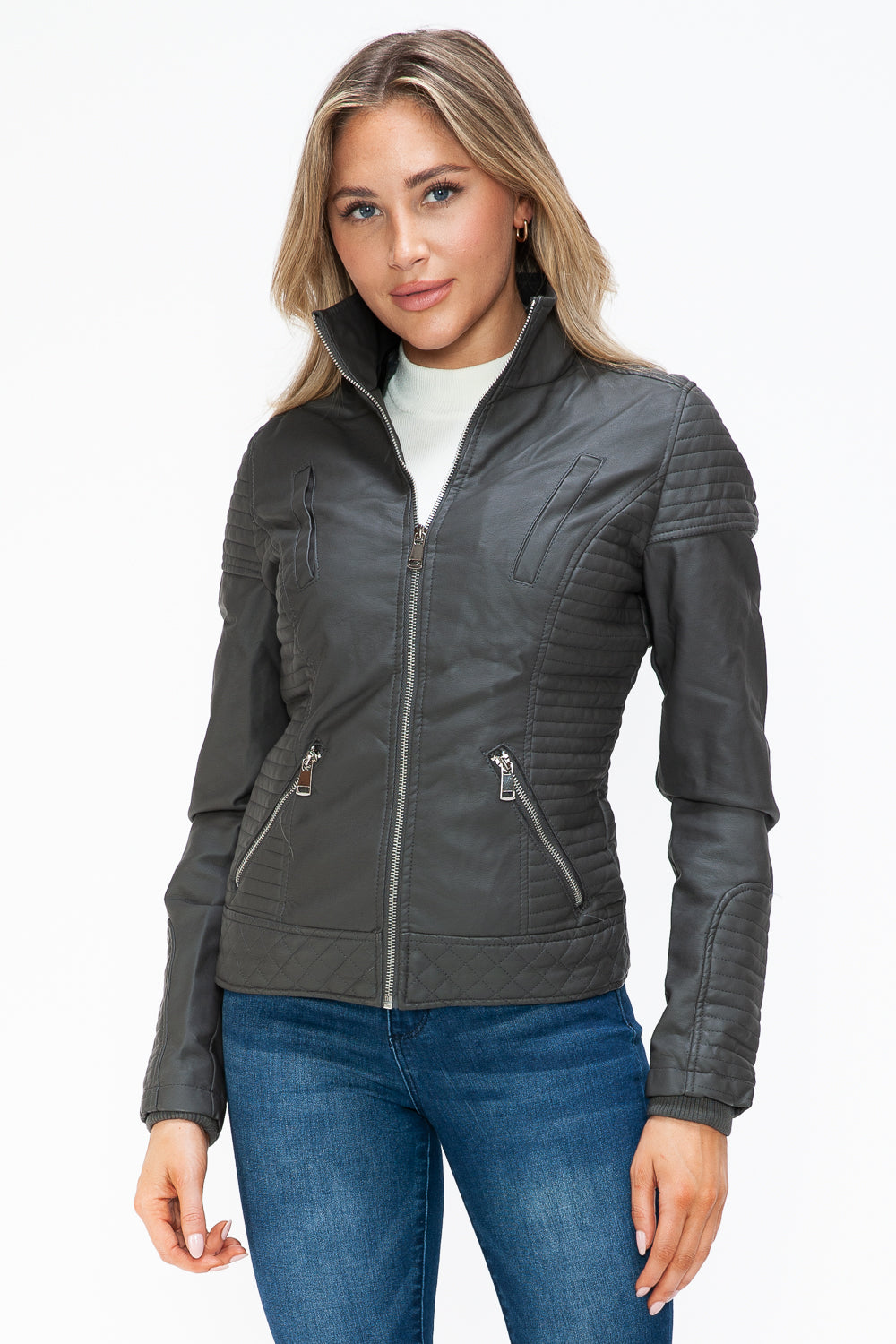 Faux Layered Double-Zipper Jacket with Fuzzy Hood