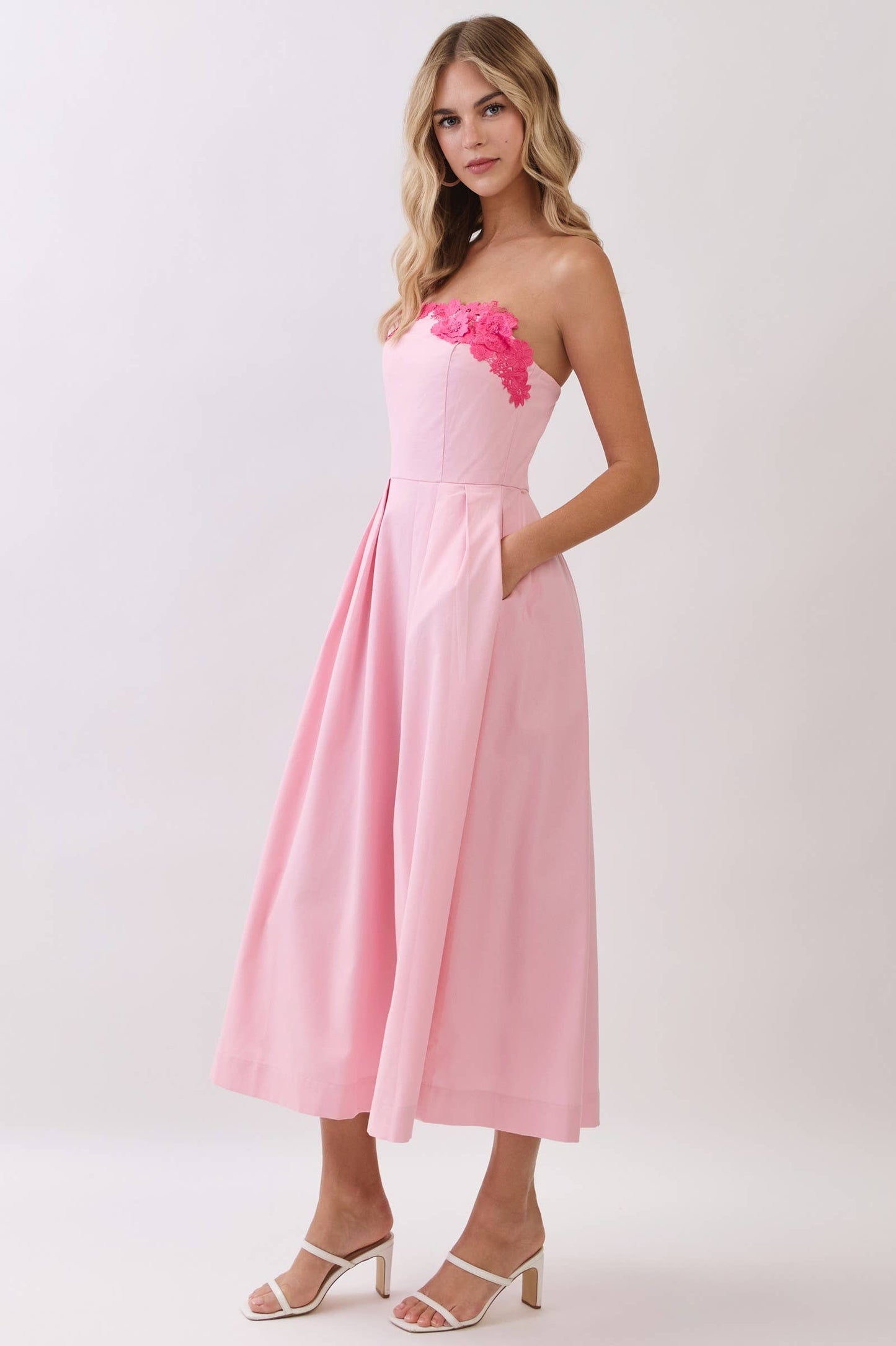Floral Applique Detail Strapless Midi Dress