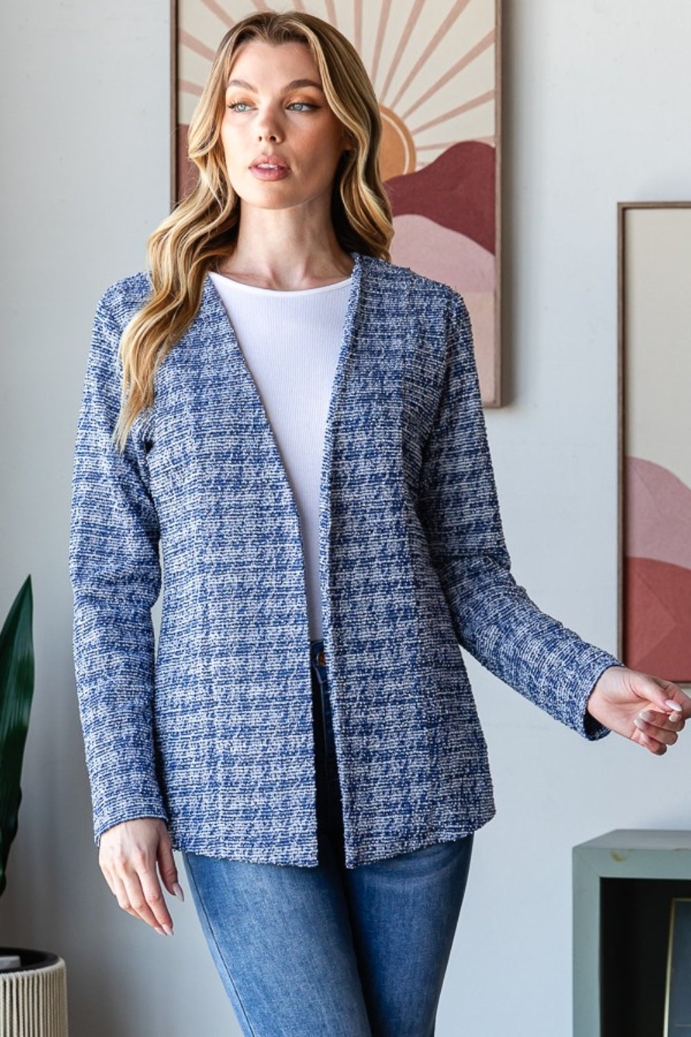 Size Inclusive Houndstooth Tweed Open Front Blazer