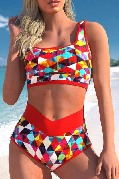 Red 2pcs Geometric Print High Waisted Bikini