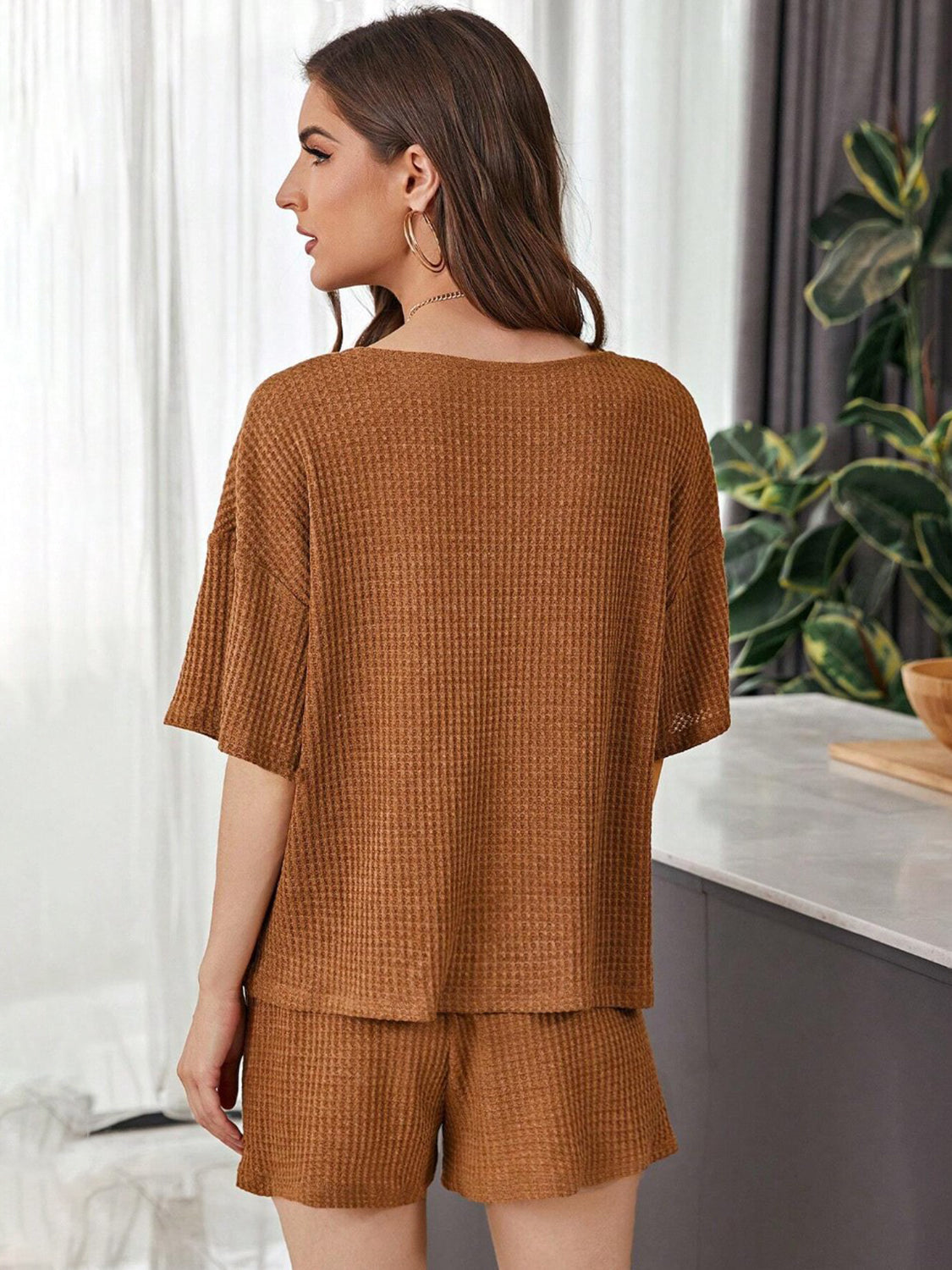 Size Inclusive Waffle-Knit Dropped Shoulder Top and Shorts Set