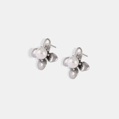 Faux Pearl Titanium Steel Flower Earrings