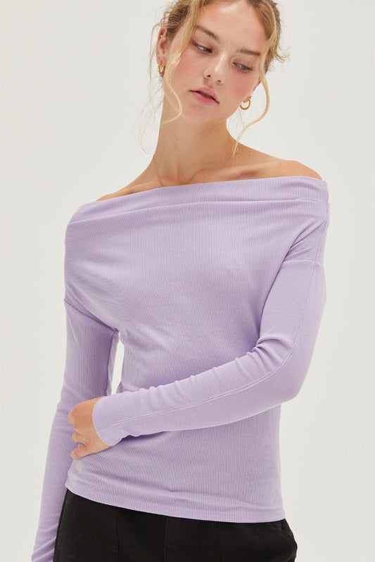 Lavender Days Off Shoulder Ribbed Knit Top