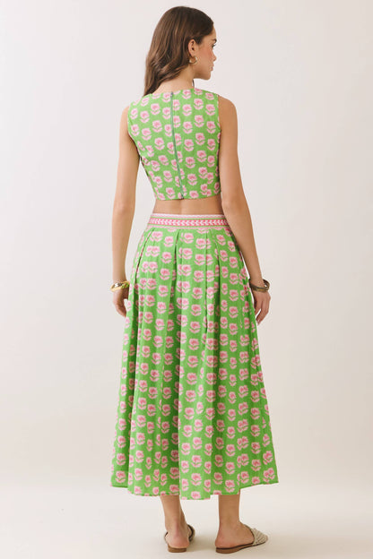 Floral Print Contrast Trim Detail Midi Skirt