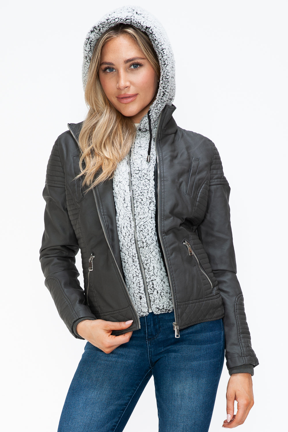 Faux Layered Double-Zipper Jacket with Fuzzy Hood