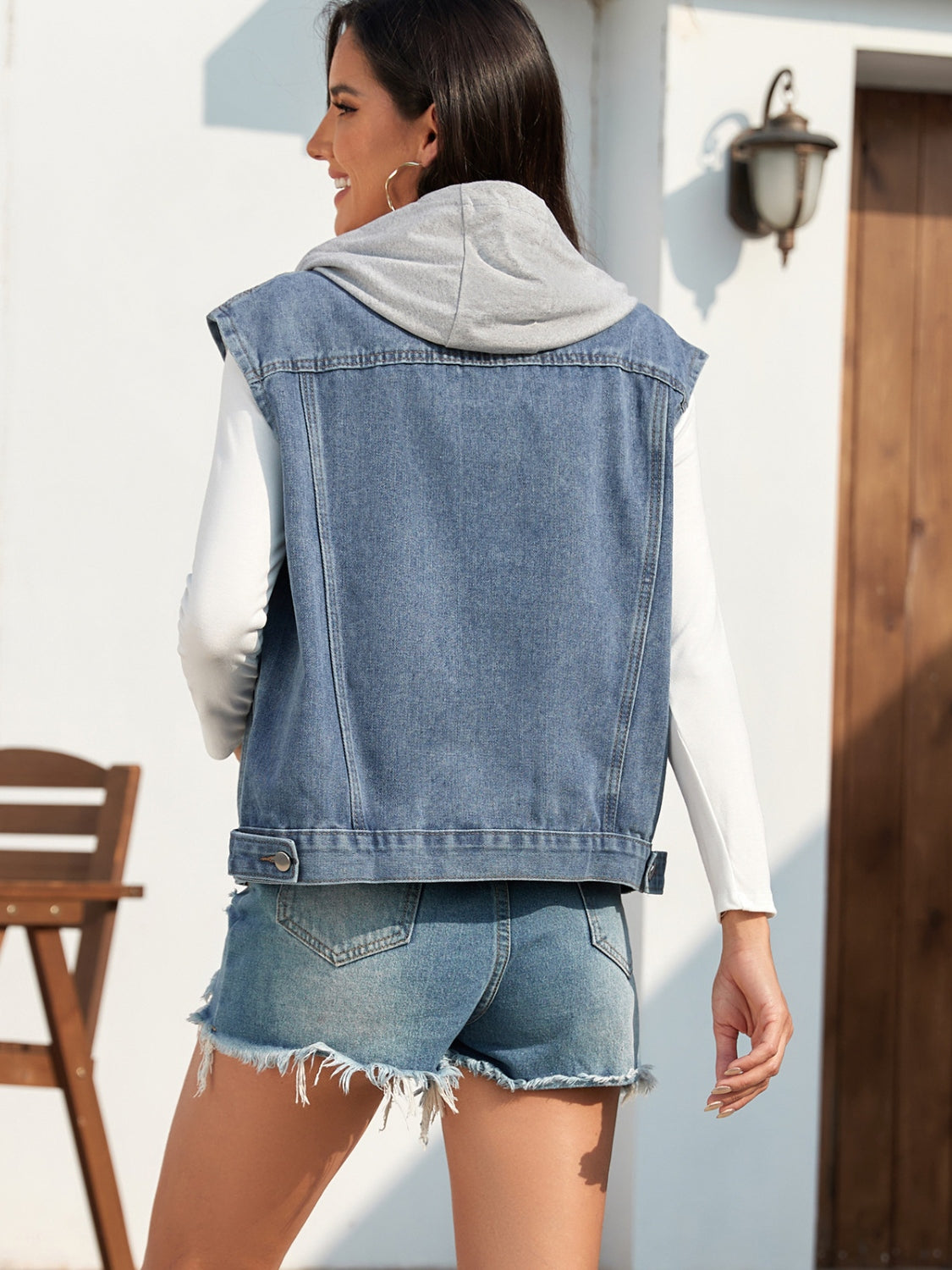 Pocketed Button Up Hooded Denim Vest Jacket