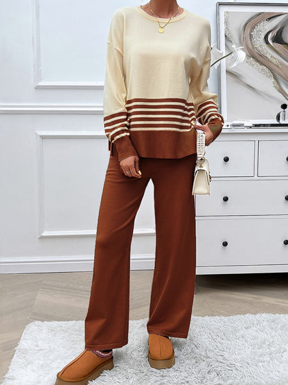 Divine Collection Slit Striped Round Neck Top and Pants Sweater Set