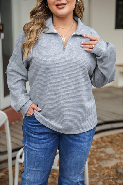 Light Grey Quarter Zipper Collared Ribbed Knit Size InclusiveTop