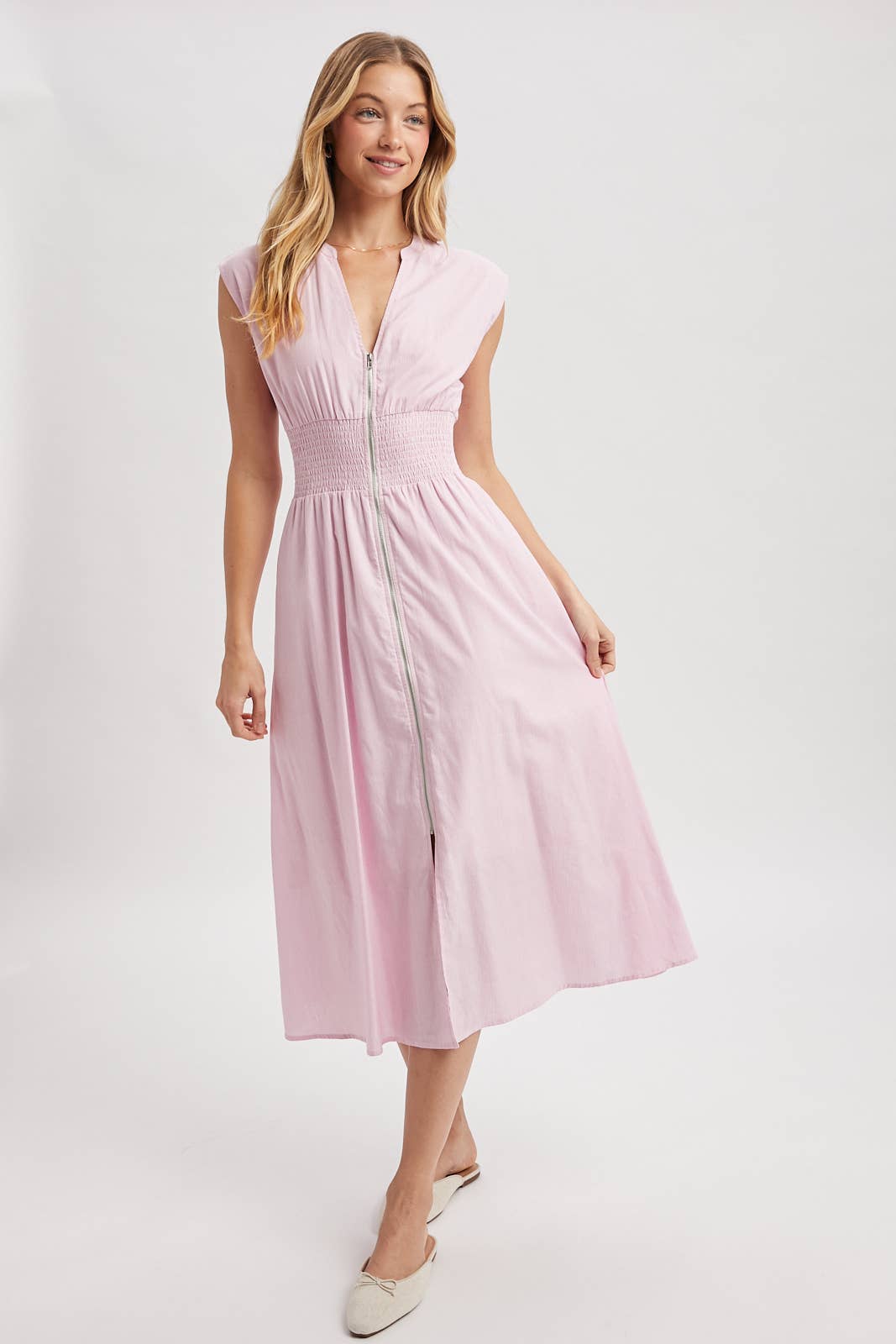 STRIPED FRONT ZIP MIDI DRESS / WL25-12227