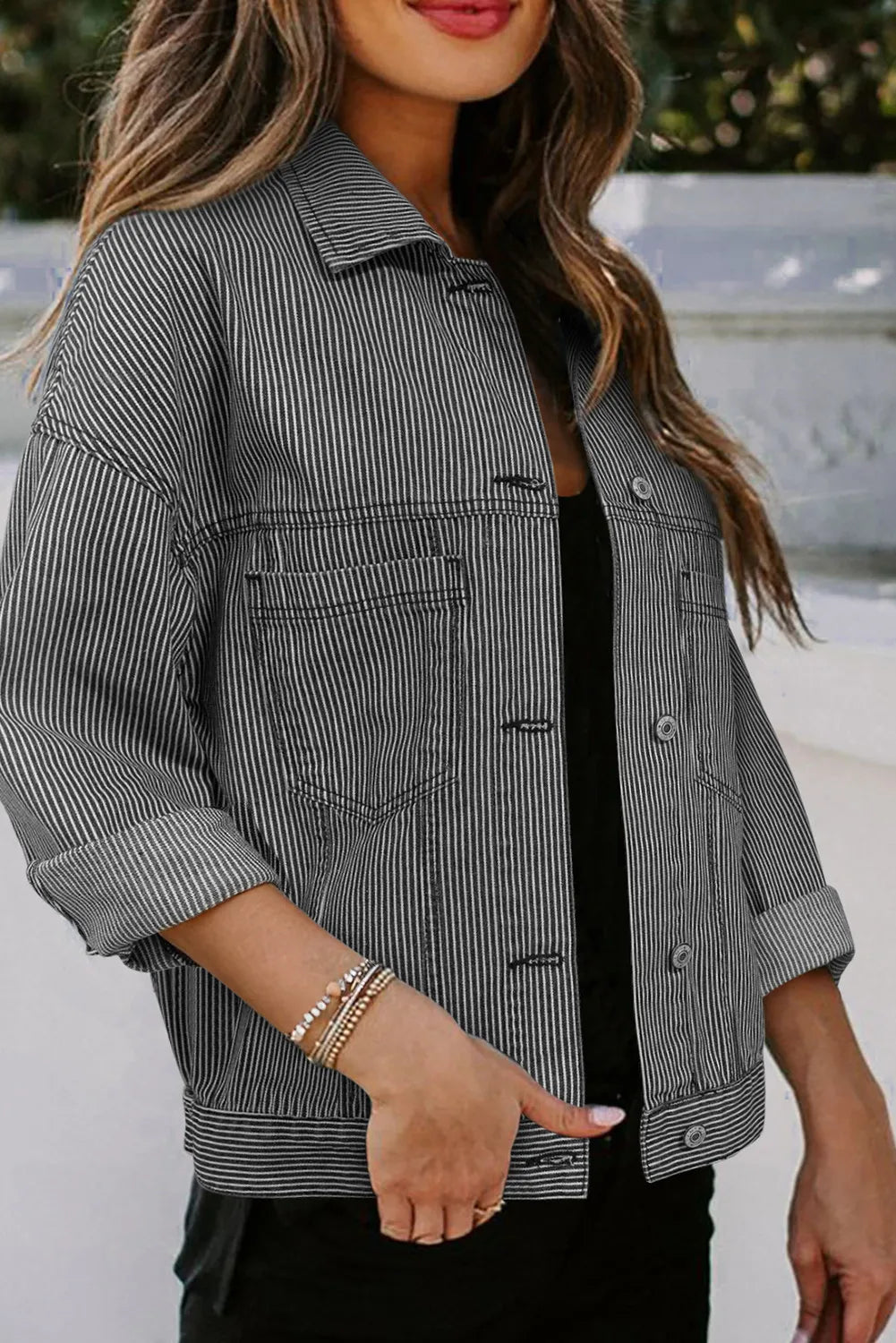 Lydia Striped Button Up Long Sleeve Denim Jacket