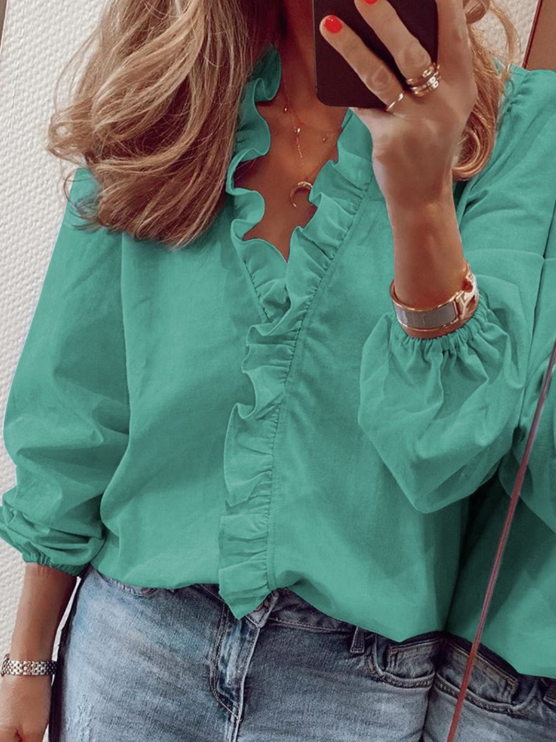 Size Inclusive Ruffled V-Neck Long Sleeve Blouse