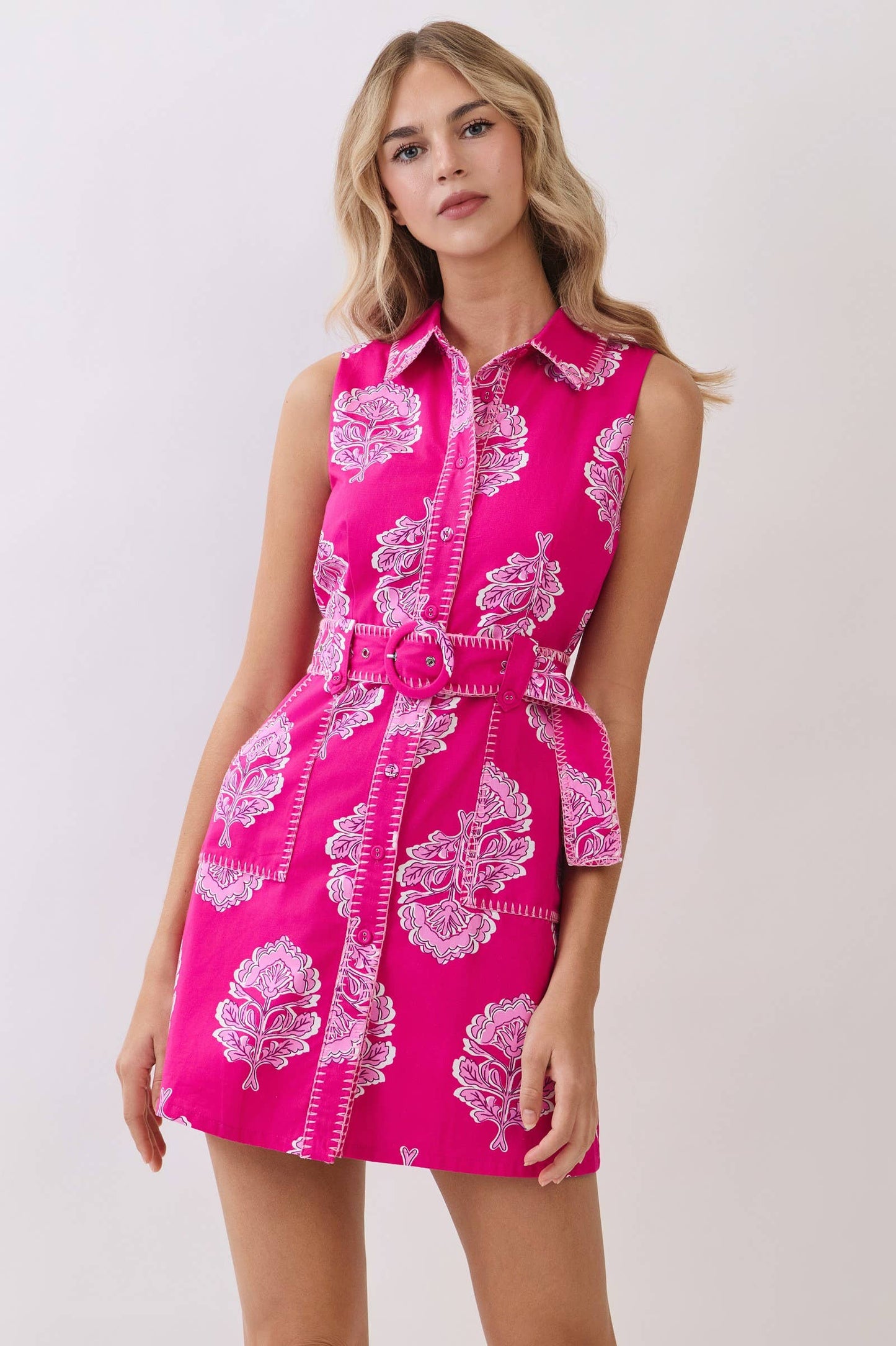 Damask Print Contrast Stitch Trim Shirt Dress