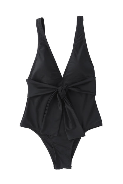 Black Deep V-Neck Tie Waist One-piece Swimsuit