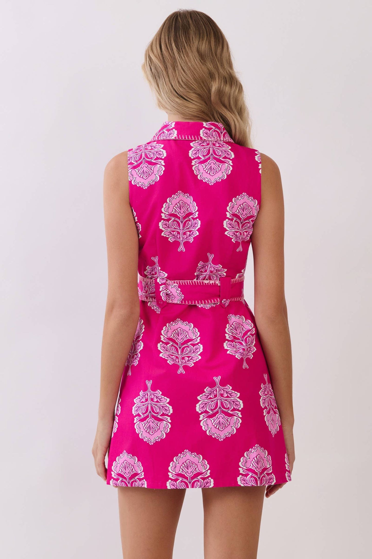 Damask Print Contrast Stitch Trim Shirt Dress