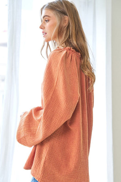 Orange Crinkle Textured Frill Split Neck Puff Sleeve Blouse