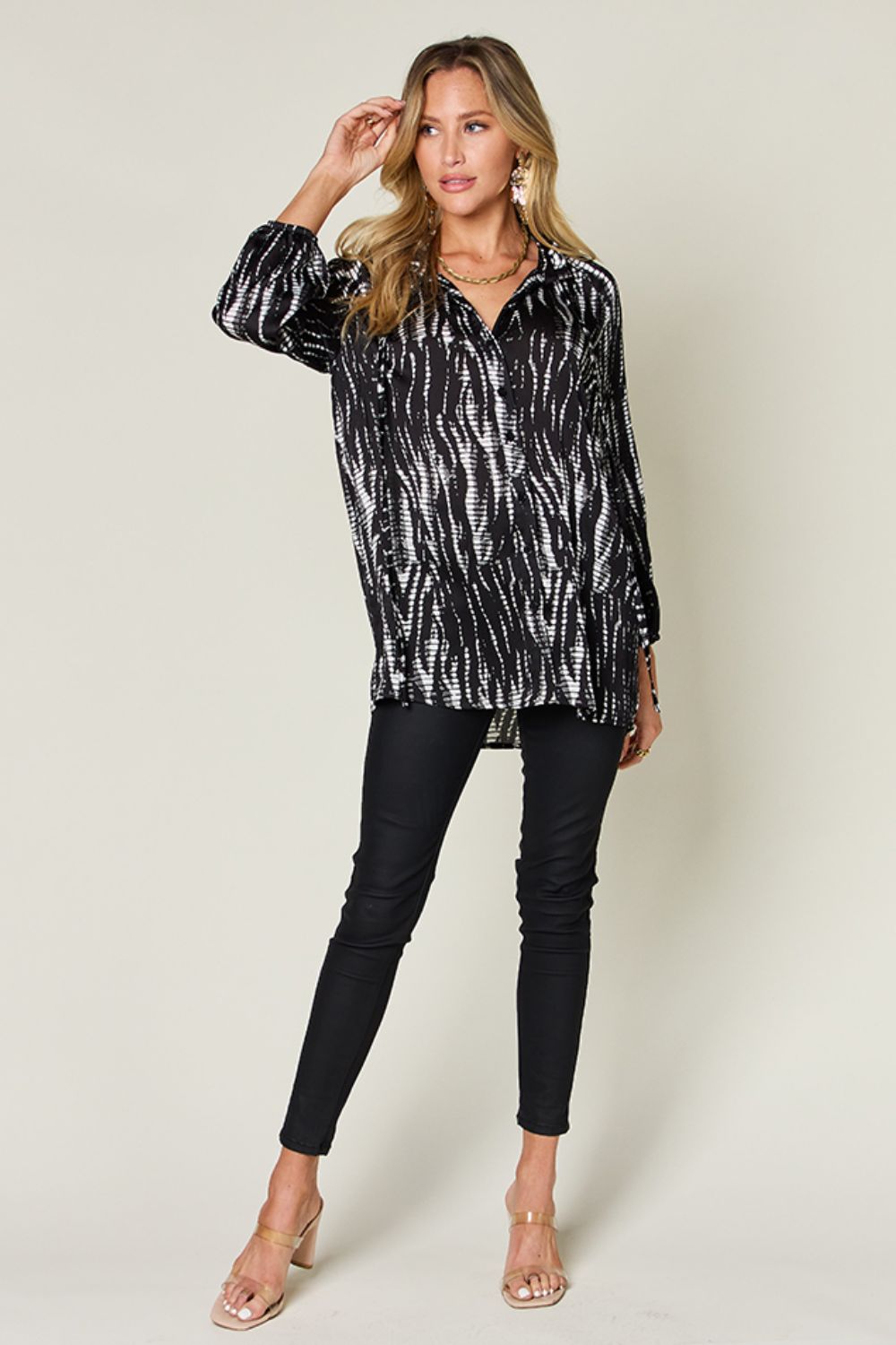 Size Inclusive Printed Button Up Long Sleeve Shirt