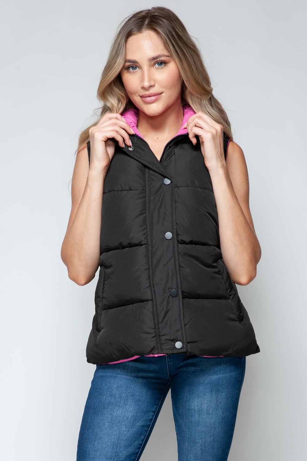 Snobbish Snap and Zip Closure Hooded Contrast Vest