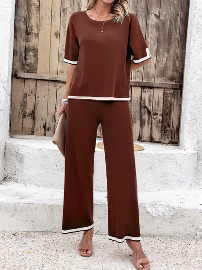 Divine Contrast Trim Round Neck Top and Pants Set