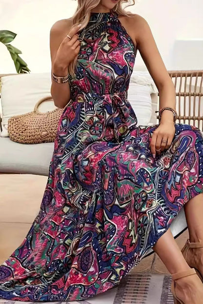 Tied Slit Abstract Print Sleeveless Dress