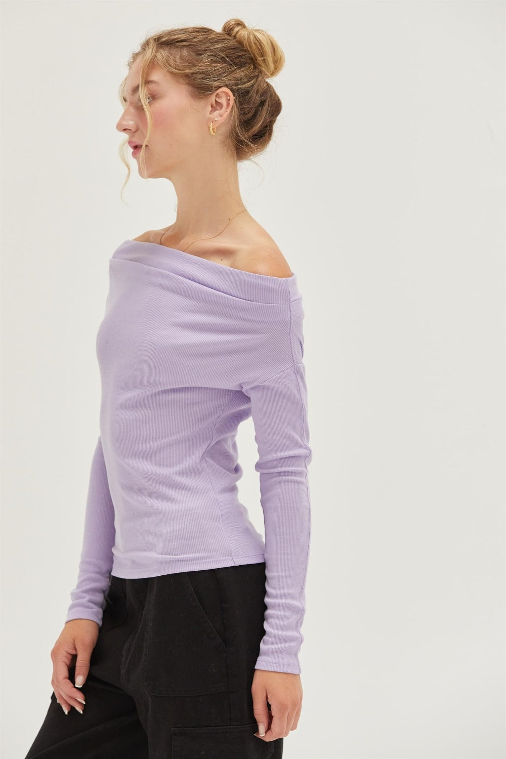 Lavender Days Off Shoulder Ribbed Knit Top