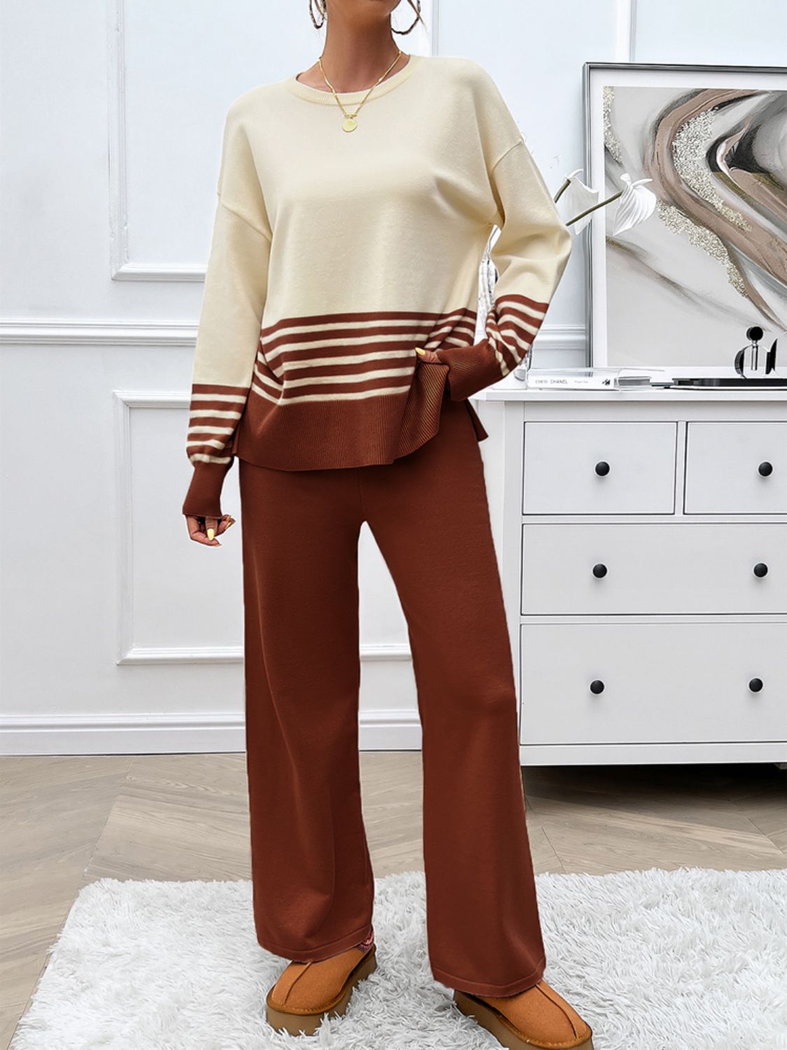 Divine Collection Slit Striped Round Neck Top and Pants Sweater Set