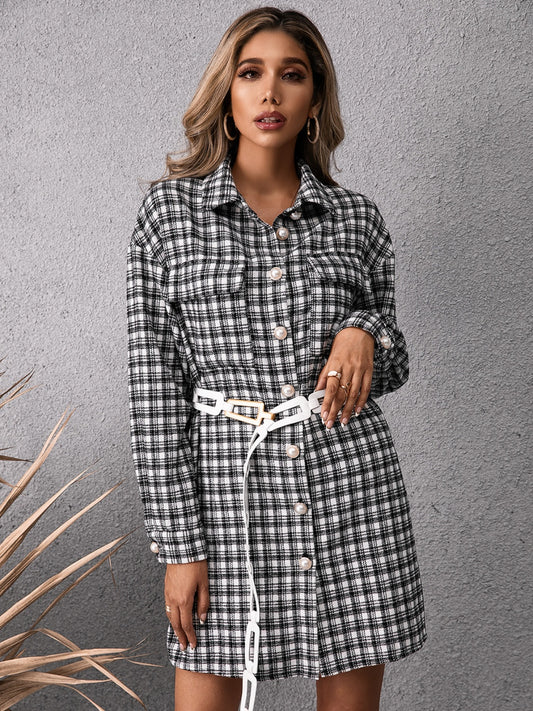 Pocketed Flannel Plaid Long Sleeve Shirt Dress