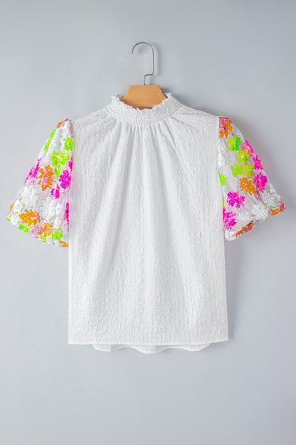 Sequin Flower Mock Neck Half Sleeve Blouse