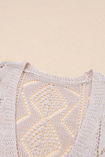 Khaki Hollow-out Openwork Knit Cardigan