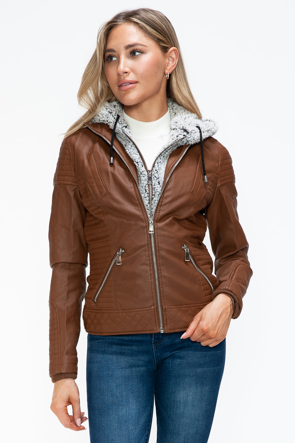 Faux Layered Double-Zipper Jacket with Fuzzy Hood