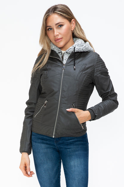 Faux Layered Double-Zipper Jacket with Fuzzy Hood