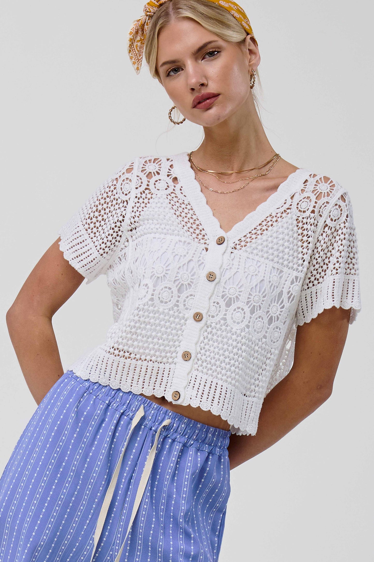 Open Knit Scallop Edge Button Down Cardigan