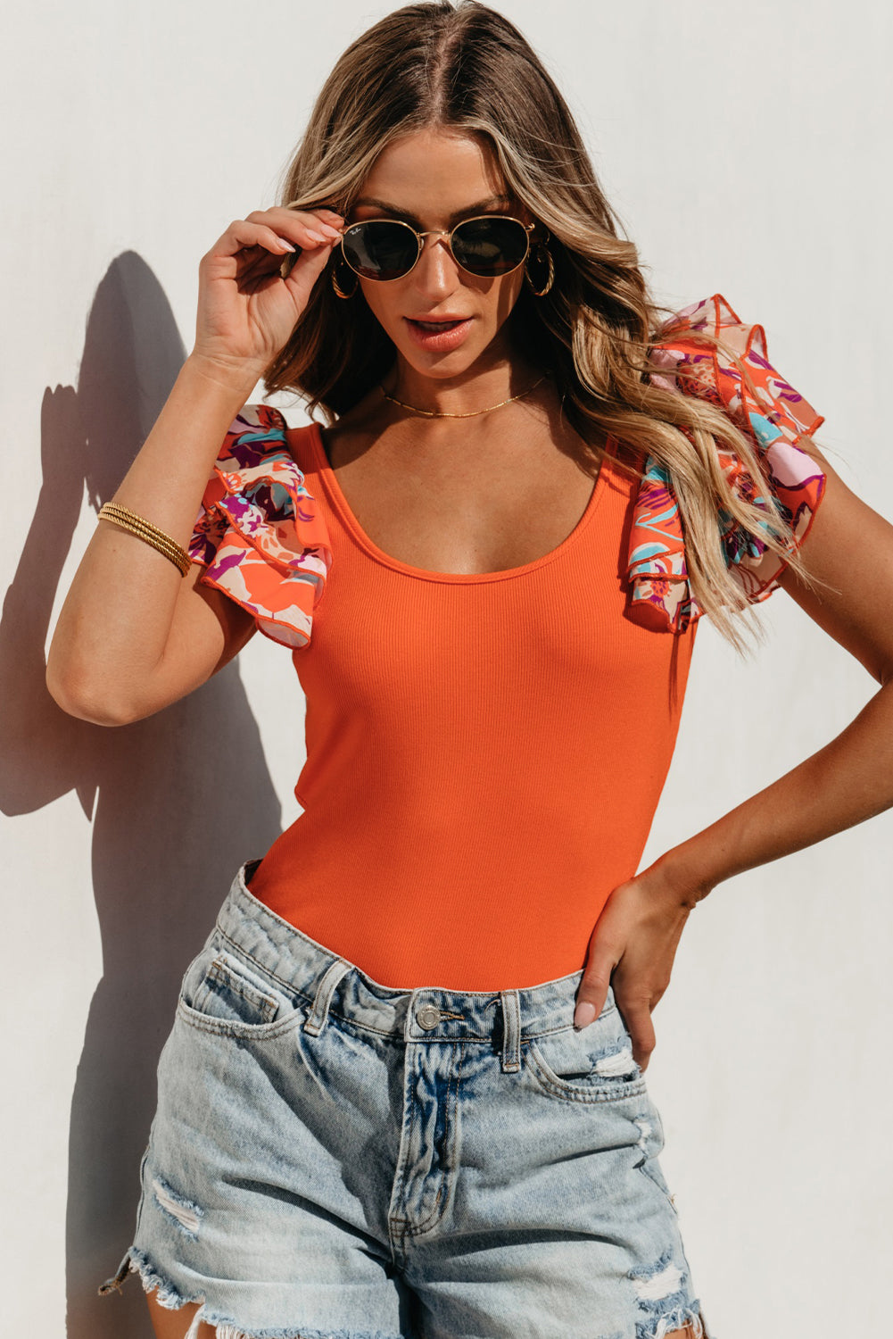 Orange Ribbed Knit Tiered Ruffled Sleeve Bodysuit