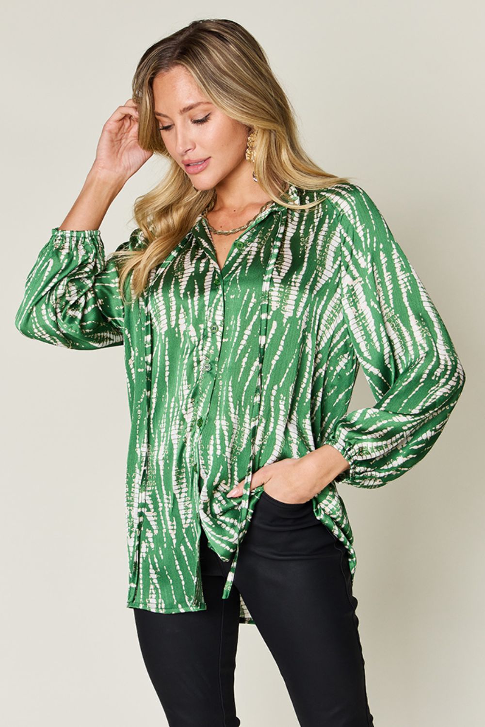 Size Inclusive Printed Button Up Long Sleeve Shirt