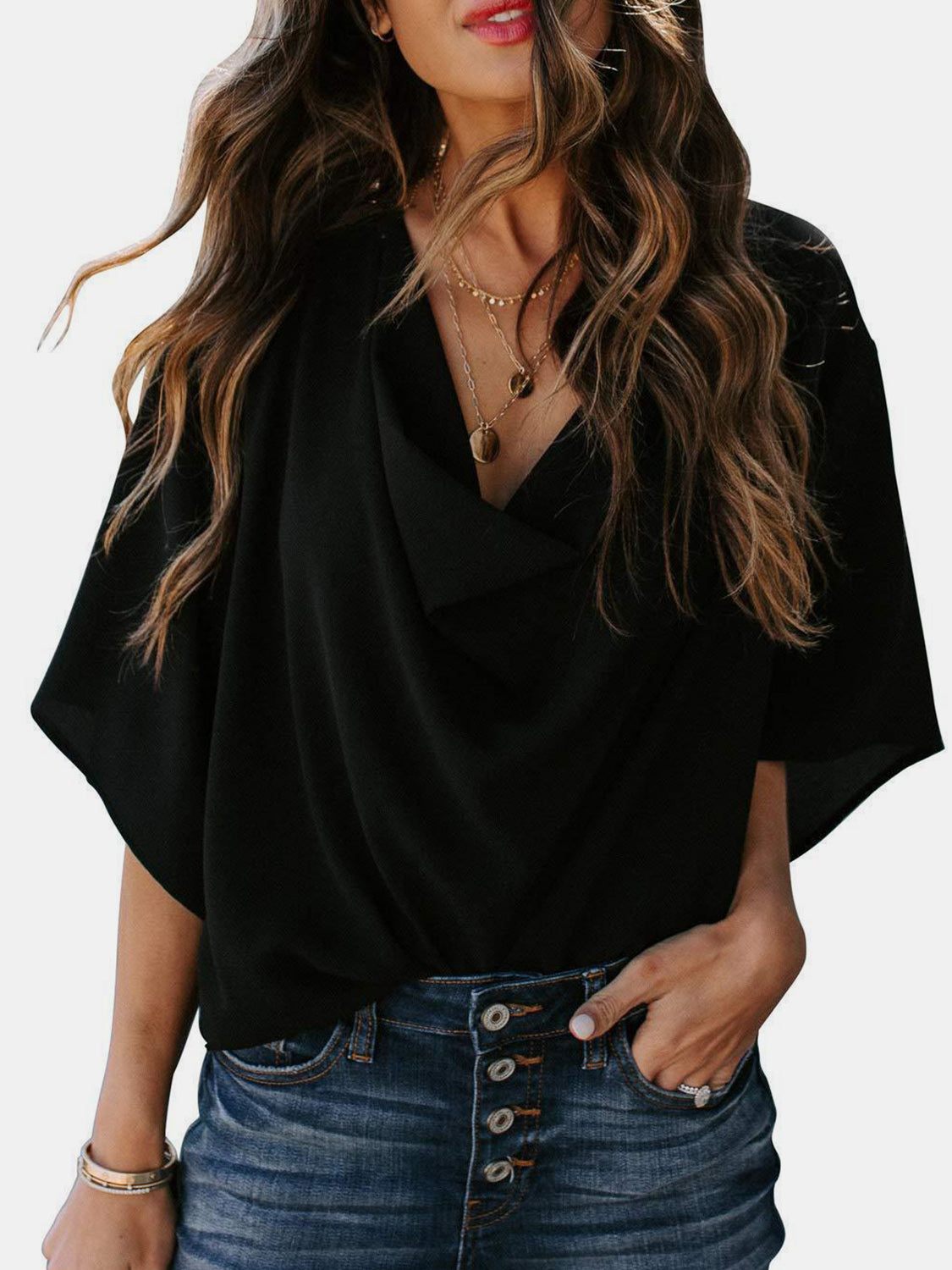 Size Inclusive Cowl Neck Three-Quarter Sleeve Blouse