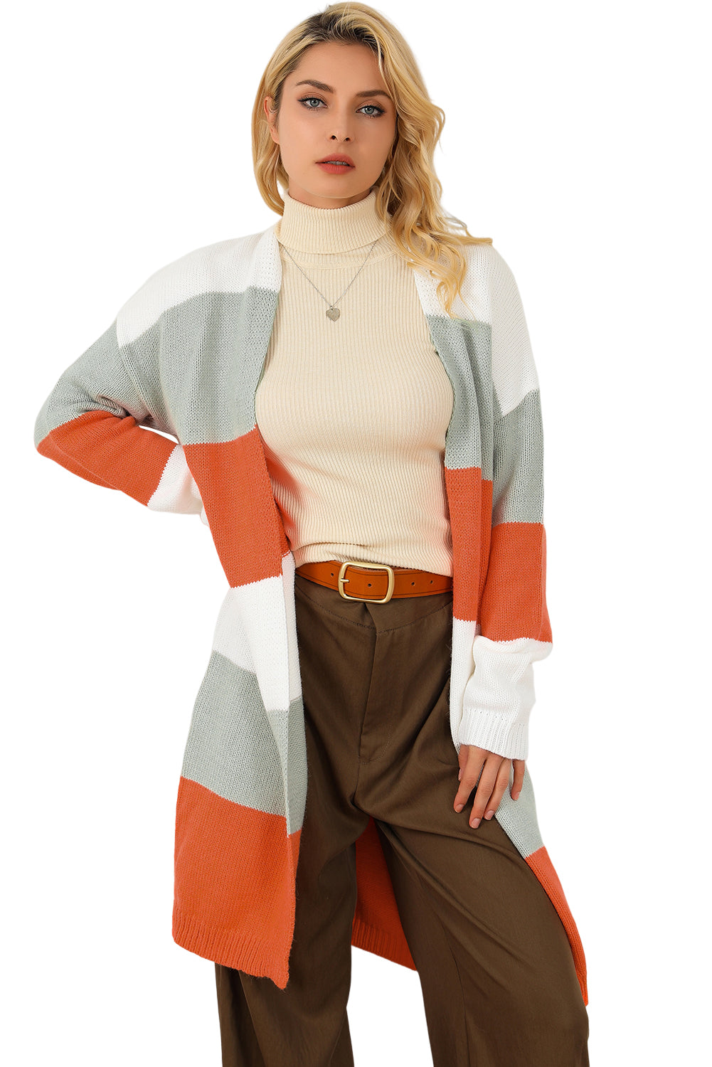 Orange Striped Color Block Drop Shoulder Midi Cardigan