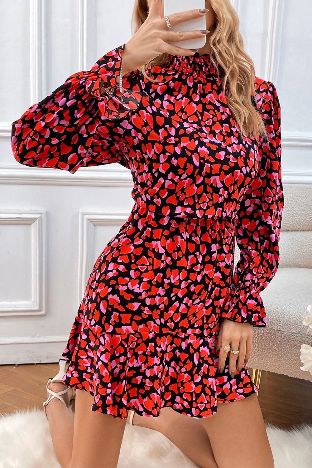 Red Heart Shape Print Long Sleeve Mini Dress