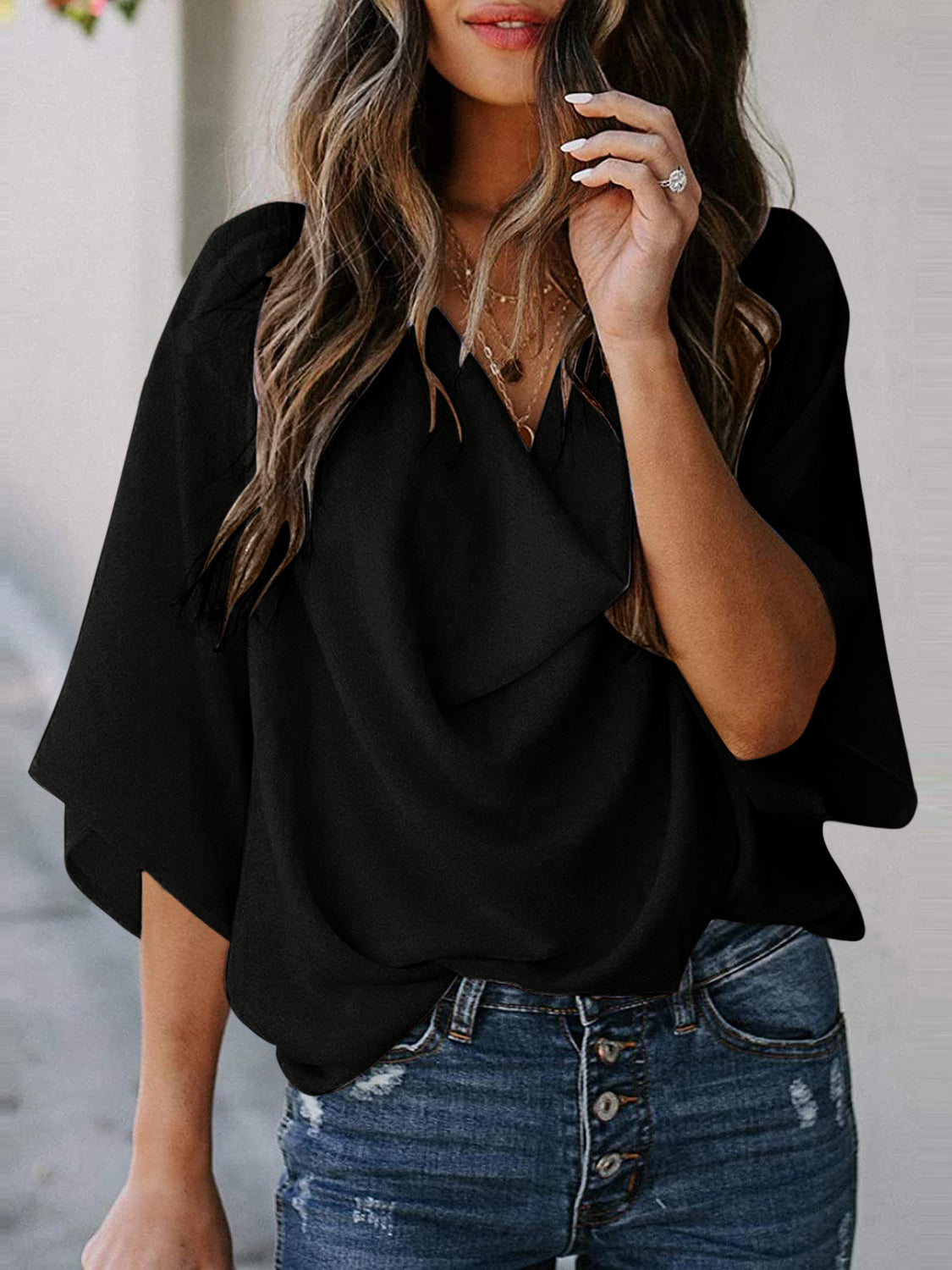 Size Inclusive Cowl Neck Three-Quarter Sleeve Blouse