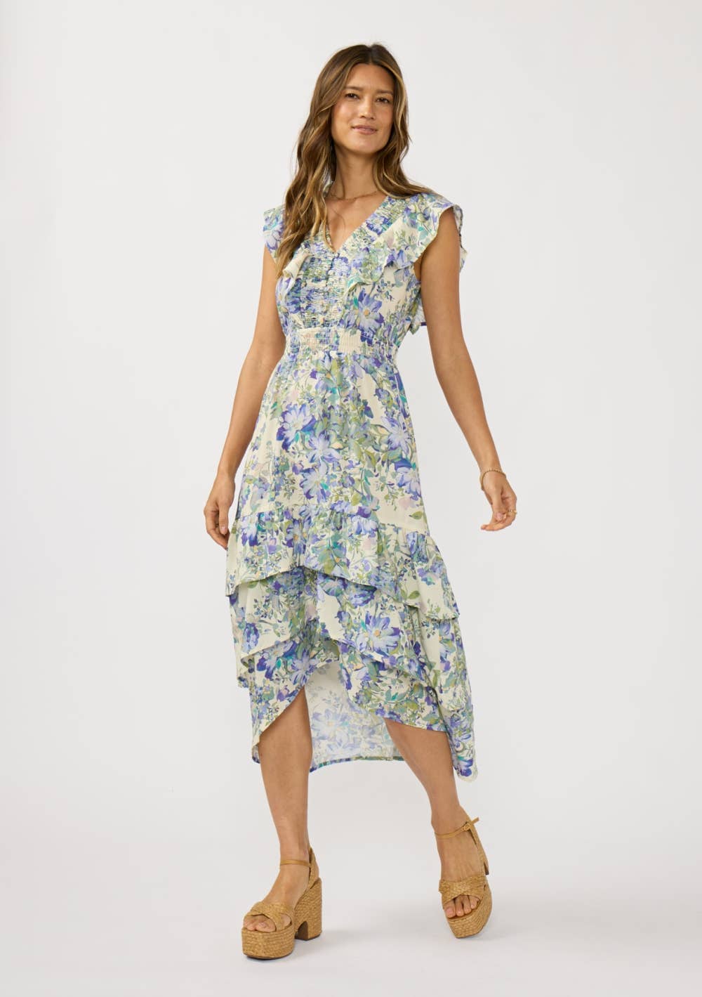 V-neck Smocked Waist Tiered Ruffle Midi Dress