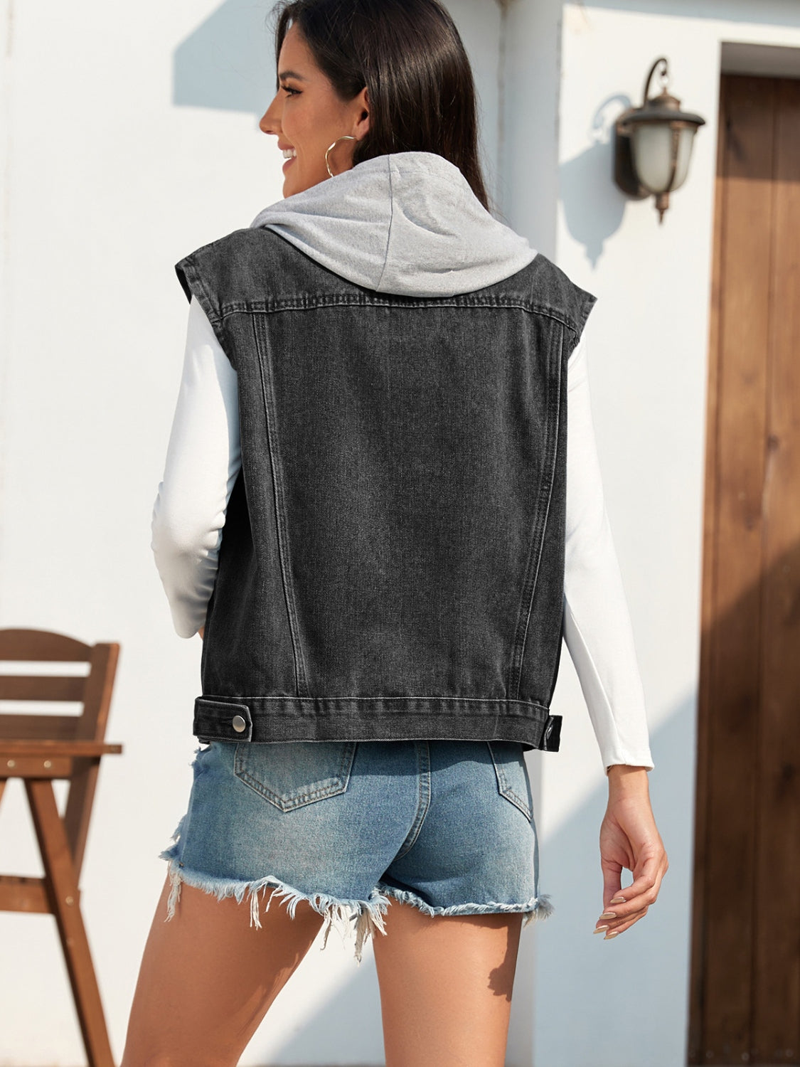 Pocketed Button Up Hooded Denim Vest Jacket