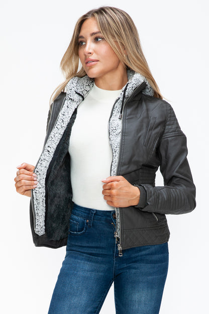 Faux Layered Double-Zipper Jacket with Fuzzy Hood