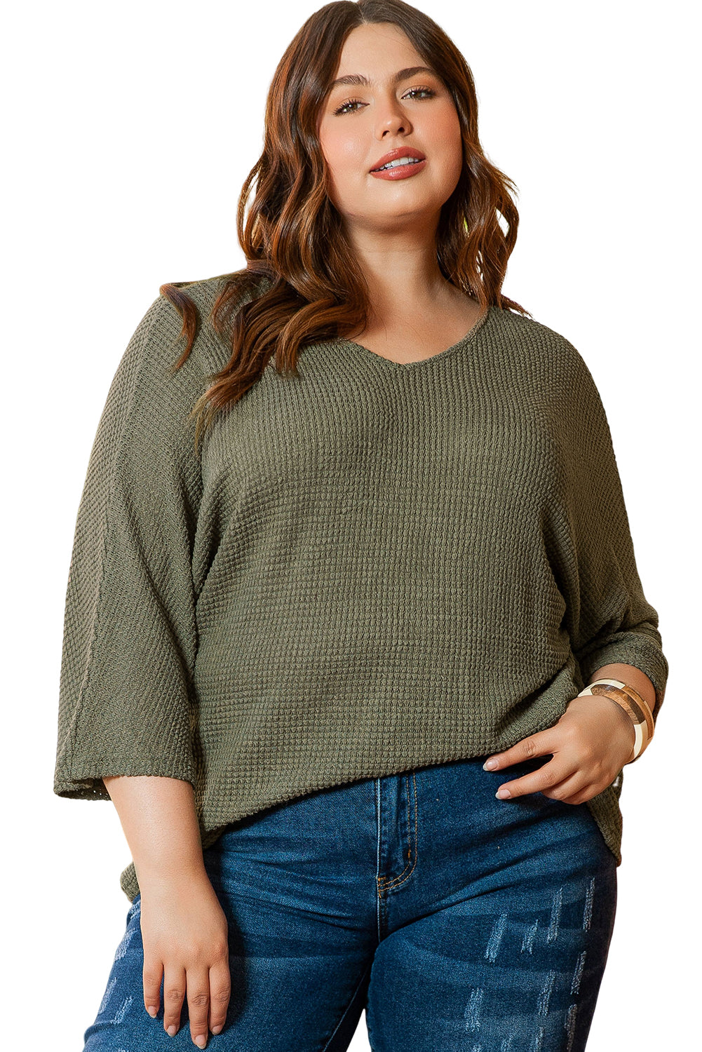 Green V-Neck Textured Knit Dolman Top