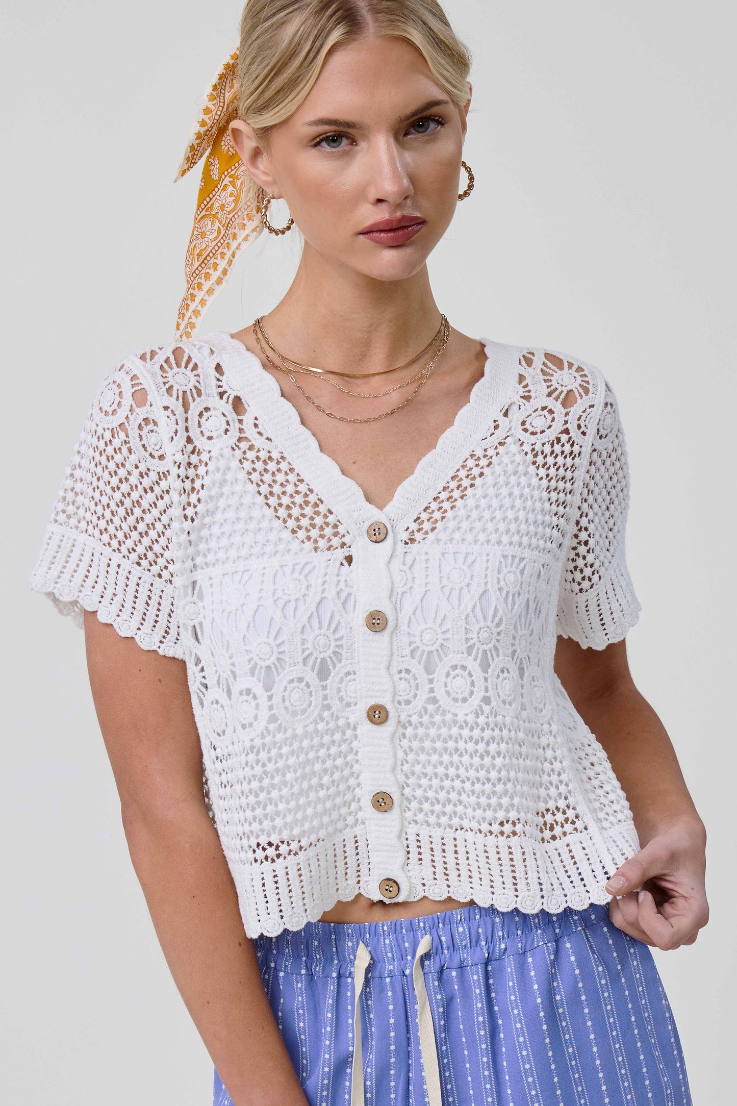 Open Knit Scallop Edge Button Down Cardigan