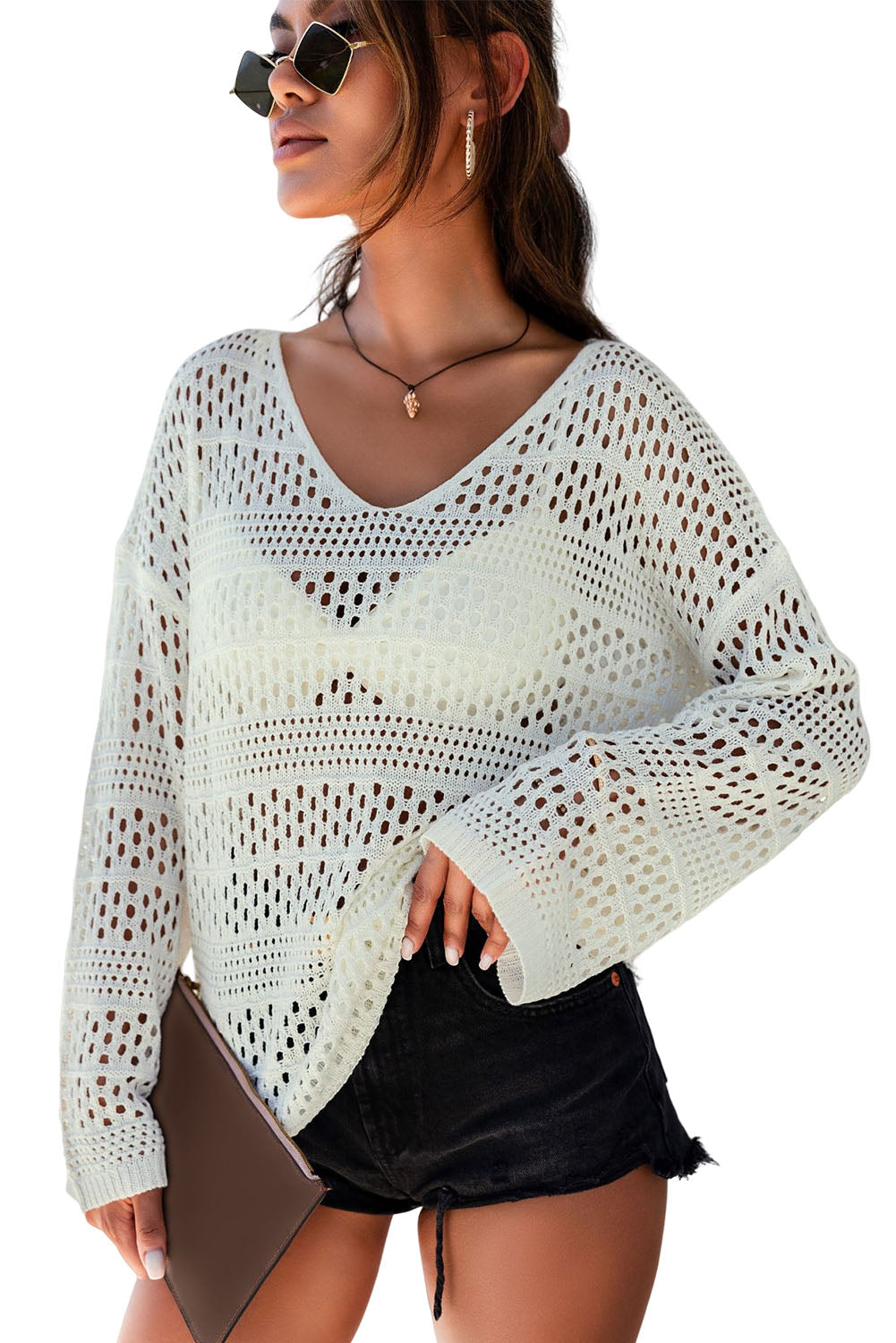 White Crochet V Neck Pullover Sweater