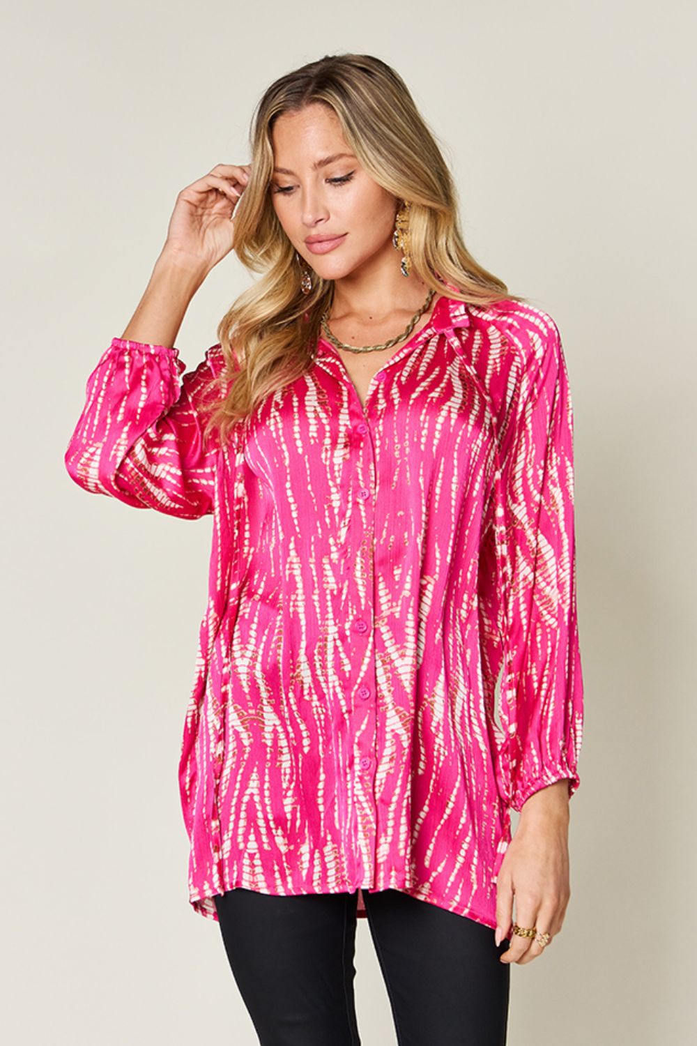 Size Inclusive Printed Button Up Long Sleeve Shirt