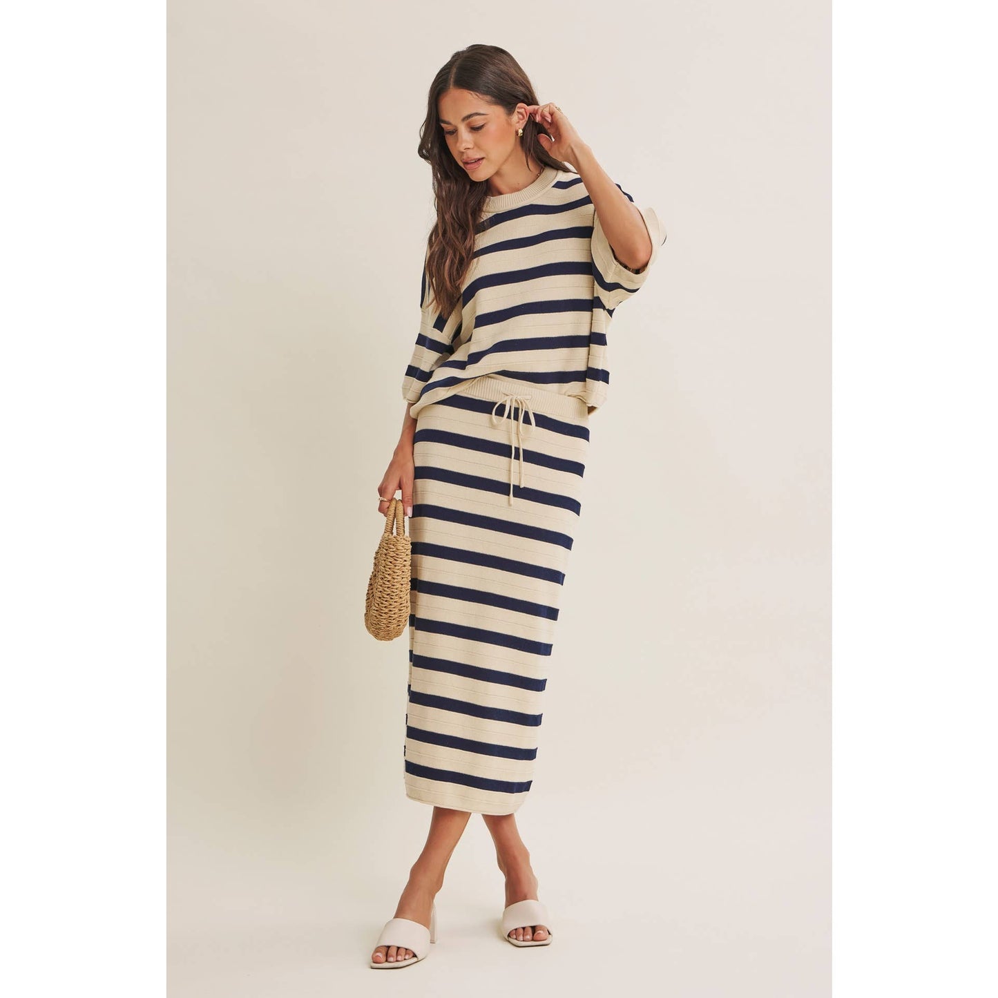 WEEKEND IN CANNES SOFT DRAPE COTTON STRIPE RELAXED SWEATER