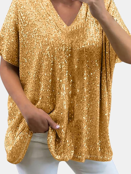 Size Inclusive Sequin V-Neck Short Sleeve Top